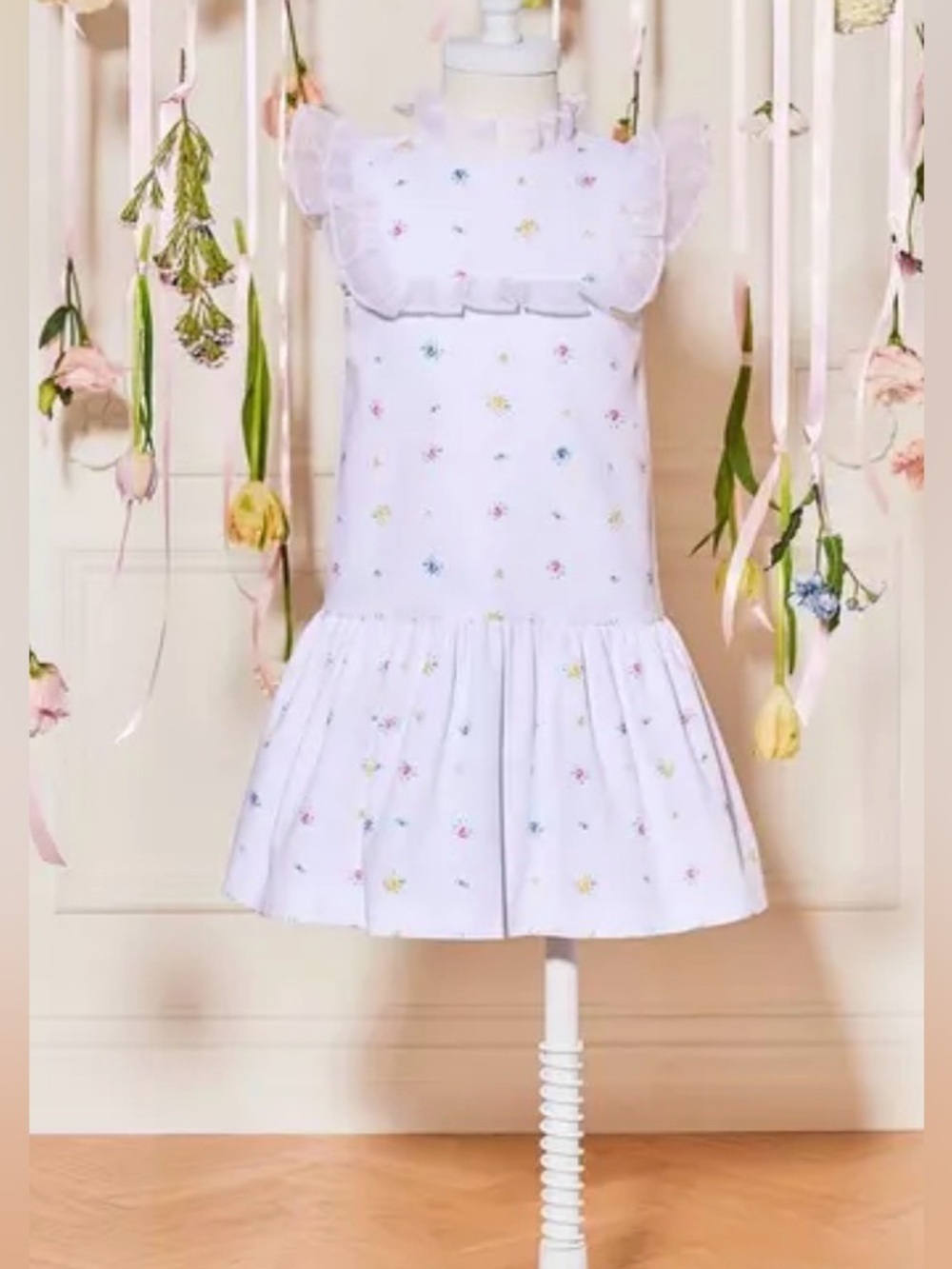 Janie and Jack White Floral Drop Waist Cotton Dress Flutter Sleeve Sz 8 - Picture 2 of 9